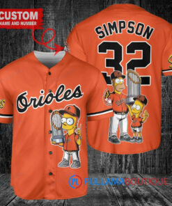 Baltimore Orioles x The Simpsons Bart Simpson, Homer Simpson, Lisa Simpson with Trophy Custom Baseball Jersey Orange