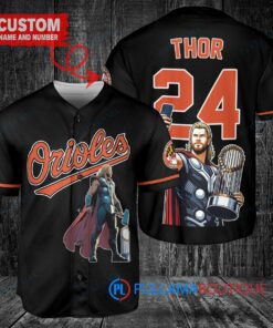 Baltimore Orioles x Thor Marvel with Trophy Custom Baseball Jersey Black