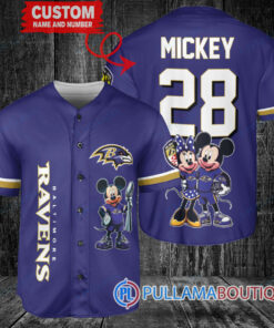 Baltimore Ravens x Mickey and Minnie with Trophy Custom Baseball Jersey Purple