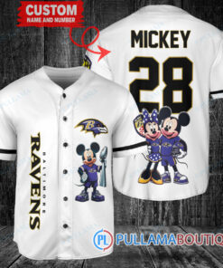 Baltimore Ravens x Mickey and Minnie with Trophy Custom Baseball Jersey White