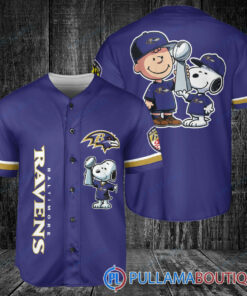 Baltimore Ravens x Snoopy and Charlie Brown with Trophy Baseball Jersey Purple