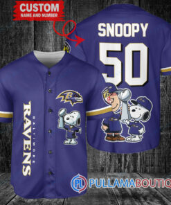 Baltimore Ravens x Snoopy and Charlie Brown with Trophy Custom Baseball Jersey Purple