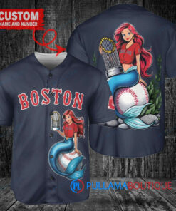 Boston Red Sox x Ariel Mermaid with Trophy Custom Baseball Jersey Navy