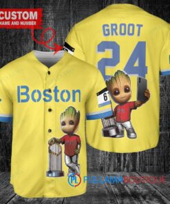 Boston Red Sox x Baby Groot Marvel Guardians Of The Galaxy with Trophy Custom Baseball Jersey Gold-Light Blue City Connect