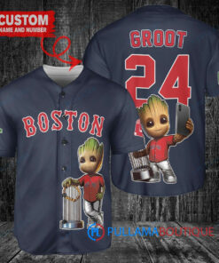 Boston Red Sox x Baby Groot Marvel Guardians Of The Galaxy with Trophy Custom Baseball Jersey Navy