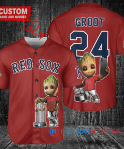 Boston Red Sox x Baby Groot Marvel Guardians Of The Galaxy with Trophy Custom Baseball Jersey Red