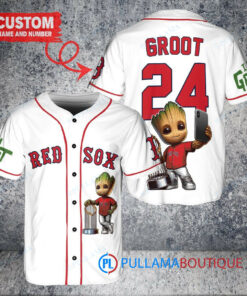 Boston Red Sox x Baby Groot Marvel Guardians Of The Galaxy with Trophy Custom Baseball Jersey White