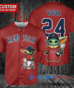 Boston Red Sox x Baby Yoda Star Wars The Mandalorian with Trophy Custom Baseball Jersey Red