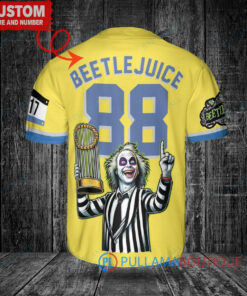 Boston Red Sox x Beetlejuice Halloween with World Series Trophy Custom Baseball Jersey Gold-Light Blue City Connect