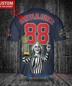 Boston Red Sox x Beetlejuice Halloween with World Series Trophy Custom Baseball Jersey Navy