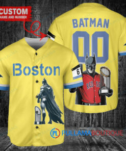 Boston Red Sox x DC Comics Batman The Dark Knight with Trophy Custom Baseball Jersey Gold-Light Blue City Connect