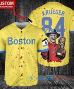 Boston Red Sox x Freddy Krueger A Nightmare on Elm Street Halloween with World Series Trophy Custom Baseball Jersey Gold-Light Blue City Connect