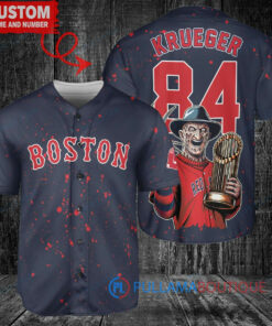 Boston Red Sox x Freddy Krueger A Nightmare on Elm Street Halloween with World Series Trophy Custom Baseball Jersey Navy