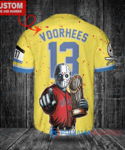 Boston Red Sox x Friday the 13th Jason Voorhees Halloween with World Series Trophy Custom Baseball Jersey Gold-Light Blue City Connect