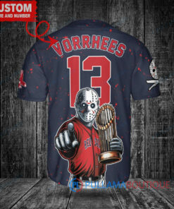 Boston Red Sox x Friday the 13th Jason Voorhees Halloween with World Series Trophy Custom Baseball Jersey Navy