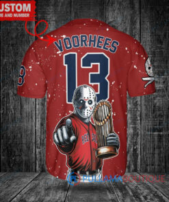 Boston Red Sox x Friday the 13th Jason Voorhees Halloween with World Series Trophy Custom Baseball Jersey Red