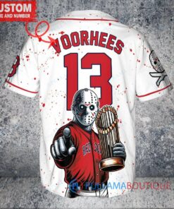 Boston Red Sox x Friday the 13th Jason Voorhees Halloween with World Series Trophy Custom Baseball Jersey White