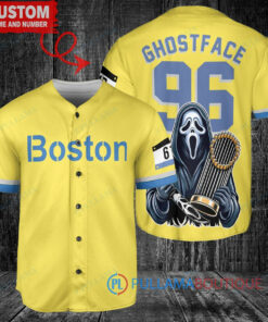 Boston Red Sox x Ghostface Scream Halloween Halloween with World Series Trophy Custom Baseball Jersey Gold-Light Blue City Connect