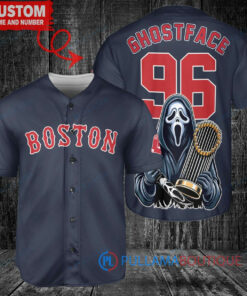 Boston Red Sox x Ghostface Scream Halloween Halloween with World Series Trophy Custom Baseball Jersey Navy