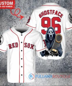 Boston Red Sox x Ghostface Scream Halloween Halloween with World Series Trophy Custom Baseball Jersey White