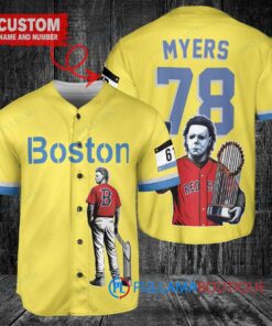 Boston Red Sox x Halloween Michael Myers with Trophy Custom Baseball Jersey Gold-Light Blue City Connect