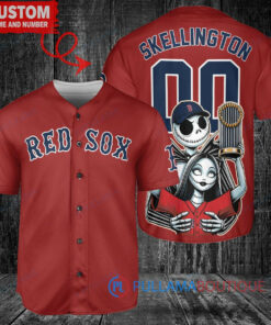 Boston Red Sox x Jack Skellington and Sally The Nightmare Before Christmas with World Series Trophy Custom Baseball Jersey Red