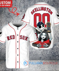 Boston Red Sox x Jack Skellington and Sally The Nightmare Before Christmas with World Series Trophy Custom Baseball Jersey White