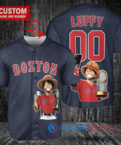 Boston Red Sox x Luffy One Piece with Trophy Custom Baseball Jersey Navy