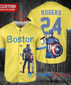 Boston Red Sox x Marvel Captain America Steve Rogers with Trophy Custom Baseball Jersey Gold-Light Blue City Connect