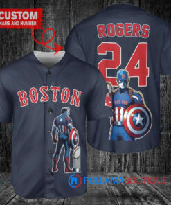 Boston Red Sox x Marvel Captain America Steve Rogers with Trophy Custom Baseball Jersey Navy