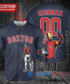 Boston Red Sox x Marvel Iron Man Tony Stark with Trophy Custom Baseball Jersey Navy