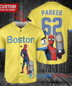 Boston Red Sox x Marvel Spiderman with Trophy Custom Baseball Jersey Gold-Light Blue City Connect