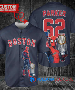 Boston Red Sox x Marvel Spiderman with Trophy Custom Baseball Jersey Navy