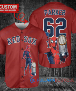 Boston Red Sox x Marvel Spiderman with Trophy Custom Baseball Jersey Red