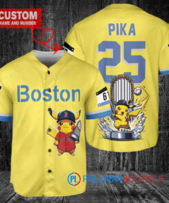 Boston Red Sox x Pikachu Pokemon with Trophy Custom Baseball Jersey Gold-Light Blue City Connect