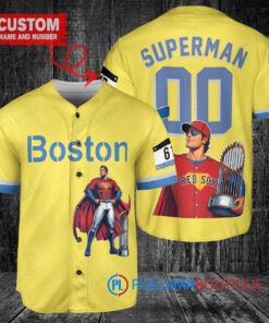 Boston Red Sox x Superman DC Comics with Trophy Custom Baseball Jersey Gold-Light Blue City Connect