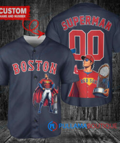 Boston Red Sox x Superman DC Comics with Trophy Custom Baseball Jersey Navy