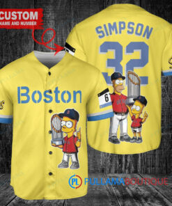 Boston Red Sox x The Simpsons Bart Simpson, Homer Simpson, Lisa Simpson with Trophy Custom Baseball Jersey Gold-Light Blue City Connect