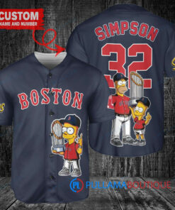 Boston Red Sox x The Simpsons Bart Simpson, Homer Simpson, Lisa Simpson with Trophy Custom Baseball Jersey Navy