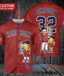 Boston Red Sox x The Simpsons Bart Simpson, Homer Simpson, Lisa Simpson with Trophy Custom Baseball Jersey Red