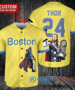 Boston Red Sox x Thor Marvel with Trophy Custom Baseball Jersey Gold-Light Blue City Connect