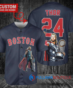 Boston Red Sox x Thor Marvel with Trophy Custom Baseball Jersey Navy