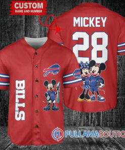 Buffalo Bills x Mickey and Minnie with Trophy Custom Baseball Jersey Red