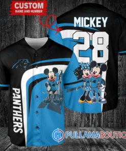 Carolina Panthers x Mickey and Minnie with Trophy Custom Baseball Jersey Black-Blue