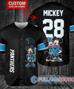 Carolina Panthers x Mickey and Minnie with Trophy Custom Baseball Jersey Black