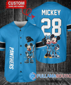 Carolina Panthers x Mickey and Minnie with Trophy Custom Baseball Jersey Blue