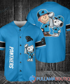 Carolina Panthers x Snoopy and Charlie Brown with Trophy Baseball Jersey Blue