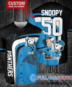 Carolina Panthers x Snoopy and Charlie Brown with Trophy Custom Baseball Jersey Black-Blue