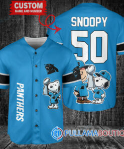 Carolina Panthers x Snoopy and Charlie Brown with Trophy Custom Baseball Jersey Blue