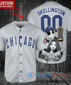 Chicago Cubs Jack Skellington Sally World Series Trophy Baseball Jersey Gray